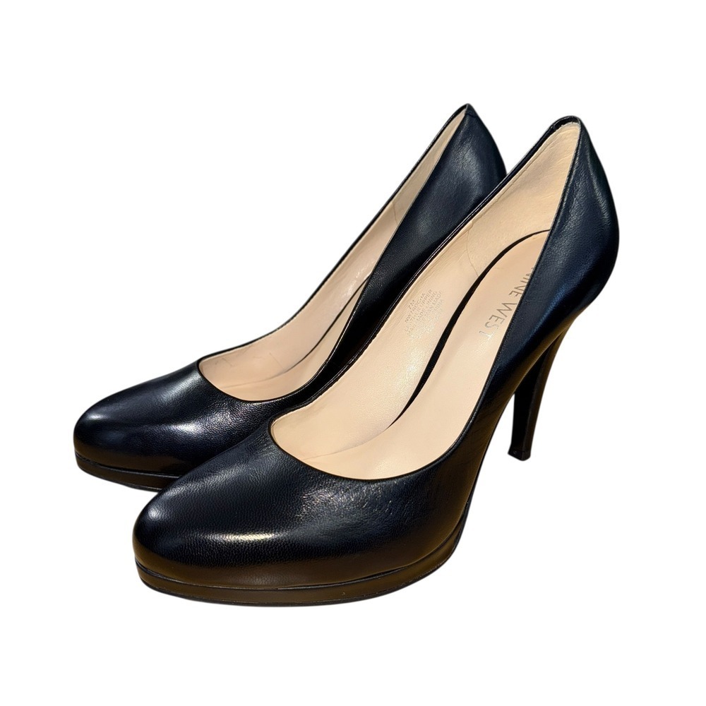 NEW Nine West Rocha Black Leather Womens 7M Almond Toe Slip-On Heels Pumps Sleek